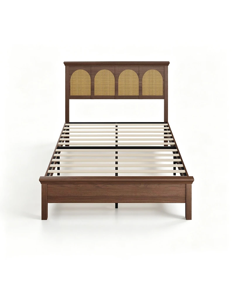 gaomon Full Bed Frame with Rattan Headboard – Wooden Platform Bed with Storage Shelf and Under Bed Storage, Silent Slats, No Box Spring Needed
