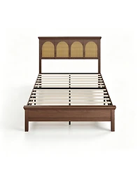 gaomon Full Bed Frame with Rattan Headboard – Wooden Platform Bed with Storage Shelf and Under Bed Storage, Silent Slats, No Box Spring Needed