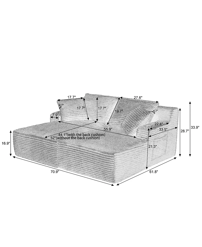 Sailvan Double Chaise Lounge with Cupholders, Compressible Modern Sleeper Loveseat, No Assembly