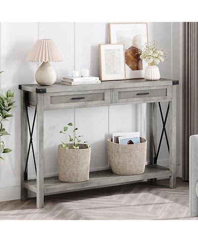 homfan 43" Burlywood and Grey Console Table with Rattan Drawers and Storage Shelf, Entryway Sofa Table