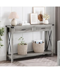 homfan 43" Burlywood and Grey Console Table with Rattan Drawers and Storage Shelf, Entryway Sofa Table
