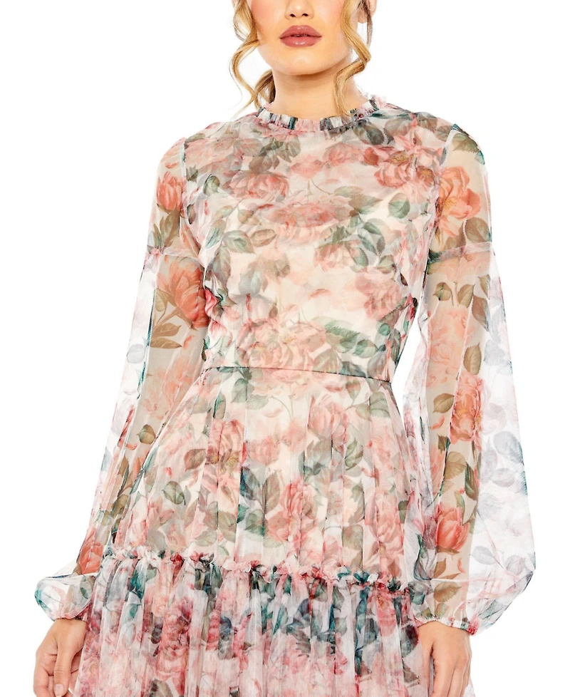 Mac Duggal Women's Long Sleeve High Neck Balloon Midi Dress