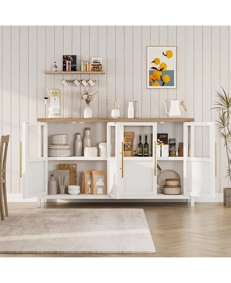 homfan 55" Sideboard Buffet Cabinet – 4 Glass Doors, Coffee and Wine Bar Display Cabinet for Kitchen, Dining Room or Living Room
