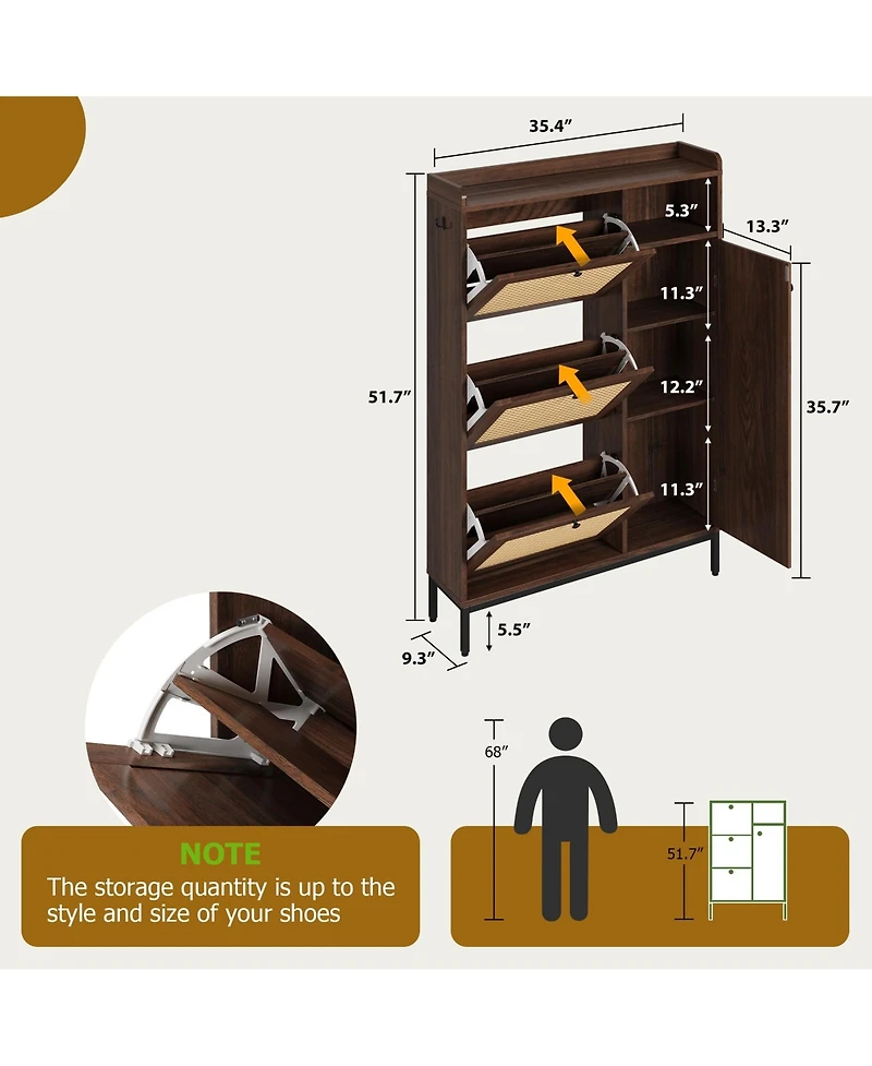 gaomon Space-Saving Rattan Shoe Cabinet 3 Turn-style Drawers and 4 Open Side Shelves, Adjustable Shelves, Slim Freestanding Entryway Shoe Organizer
