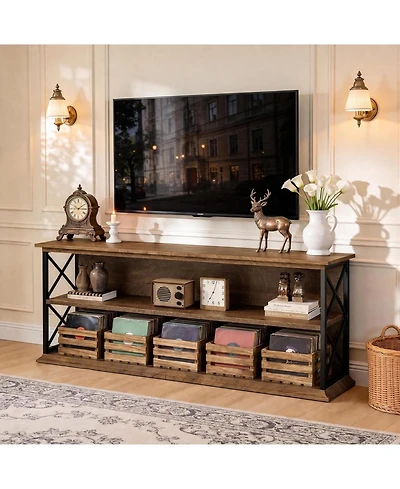 Tribesigns Tv Stand for TVs up to 75": 63" entertainment center with open storage. Wooden rustic media table for living room, bedroom.
