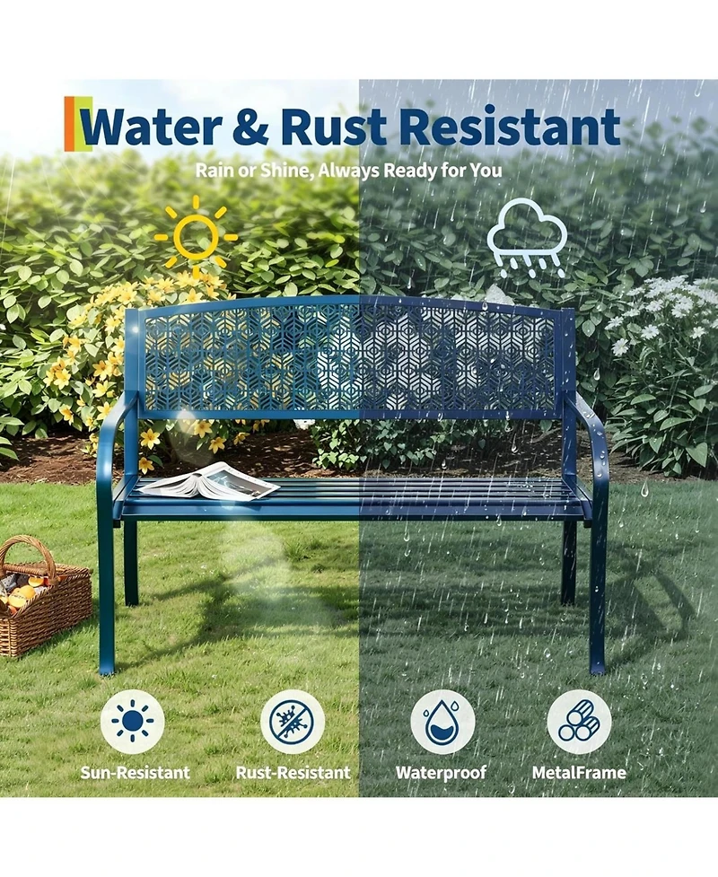 gaomon 50 Inch Metal Garden Bench Weather-Resistant Steel Patio Seat, Curved Spine-Friendly Backrest for Yard, Deck, Porch