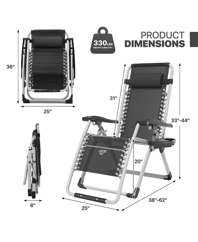 Aofar Zero Gravity Chair Cushion Recliner Lounge Folding Portable Cup Holder Tray Headrest