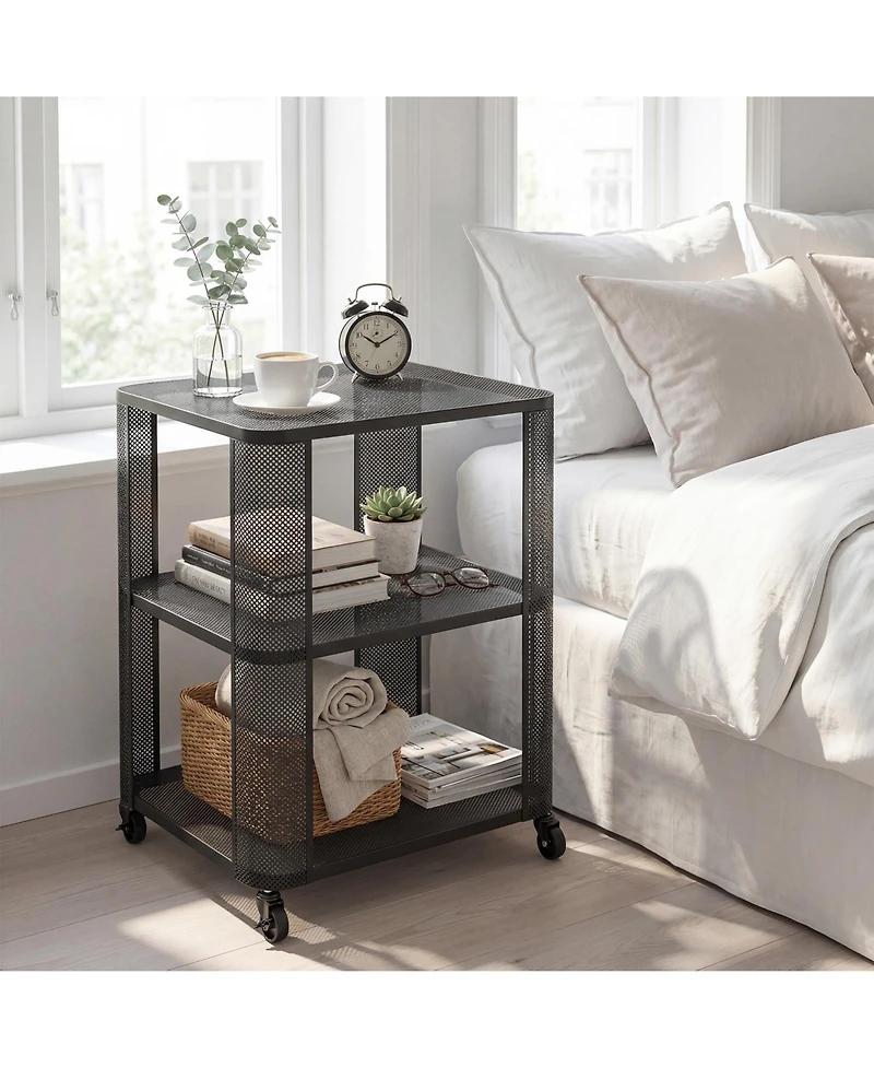 Gymax 3-Tier End Table With Wheels Rolling Side Table With Open Storage Shelves Metal Frame