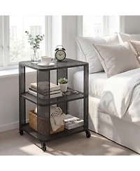 Gymax 3-Tier End Table With Wheels Rolling Side Table With Open Storage Shelves Metal Frame