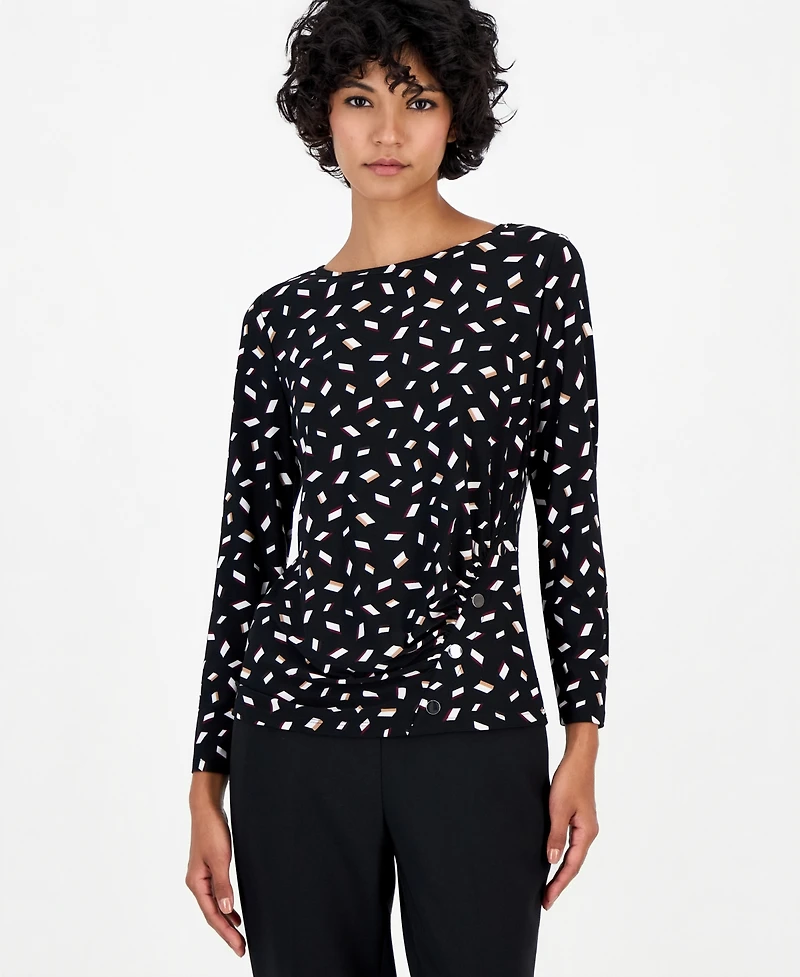 Anne Klein Essentials Women's Petite Long-Sleeve Ruched Rivet-Detail Blouse