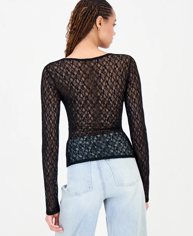 Just Polly Juniors' Lace Surplice Wrap Long-Sleeve Top