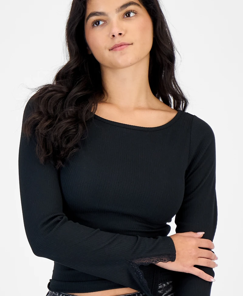 Self Esteem Juniors' Ribbed Lace Long-Sleeve T-Shirt