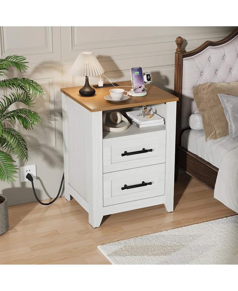gaomon Set of 2 Farmhouse Nightstand with Charging Station 2 Drawers and Open Shelf, Usb/Type-c/Ac Outlets