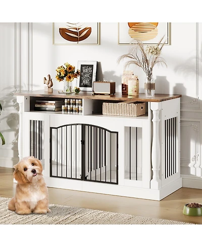 63" Large Dog Crate for 2 Dogs, Roman Column Kennel with Open Storage Small Medium Cage Table Tv Stand, Entertainment Center