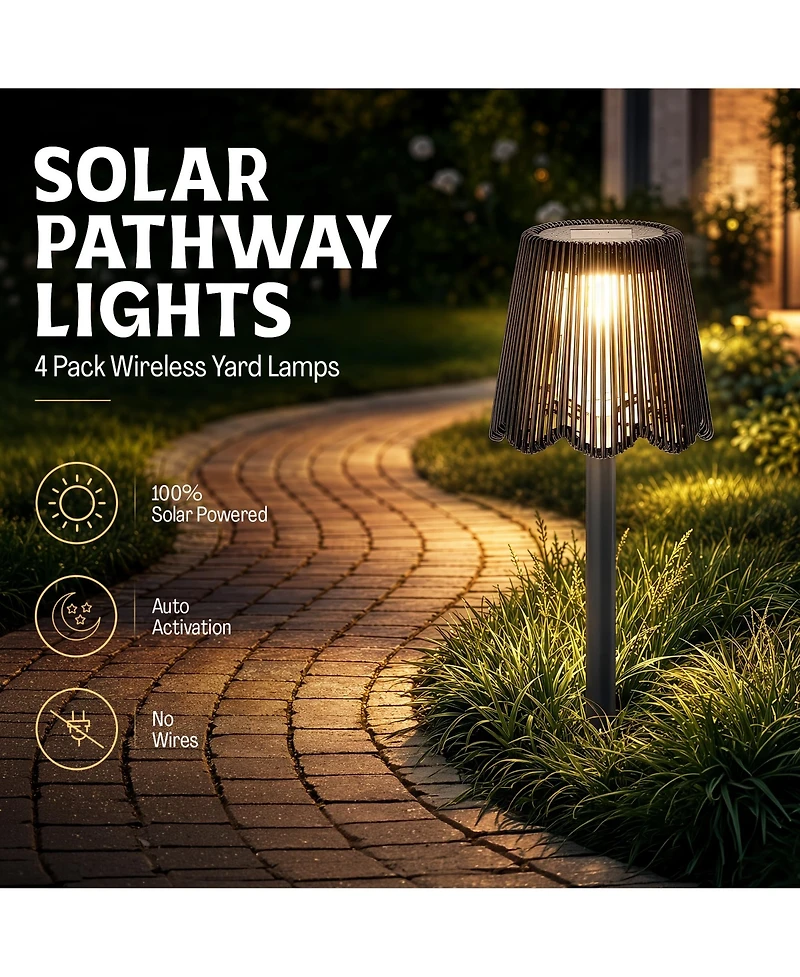 4-Piece Wicker-Style Solar Powered Led Dusk-to-Dawn Weather Resistant Walkway Path Lights