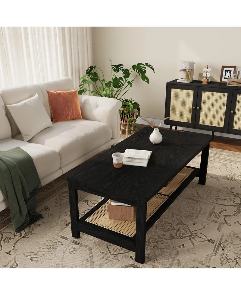 homfan 39.4 Inch 2 Tier Wooden Table with Rattan Storage Shelf Rustic Farmhouse Center Round Corners and Anti Slip Foot Pads