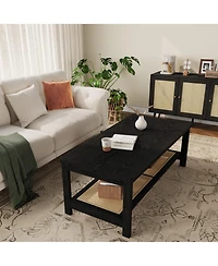 homfan 39.4 Inch 2 Tier Wooden Table with Rattan Storage Shelf Rustic Farmhouse Center Round Corners and Anti Slip Foot Pads