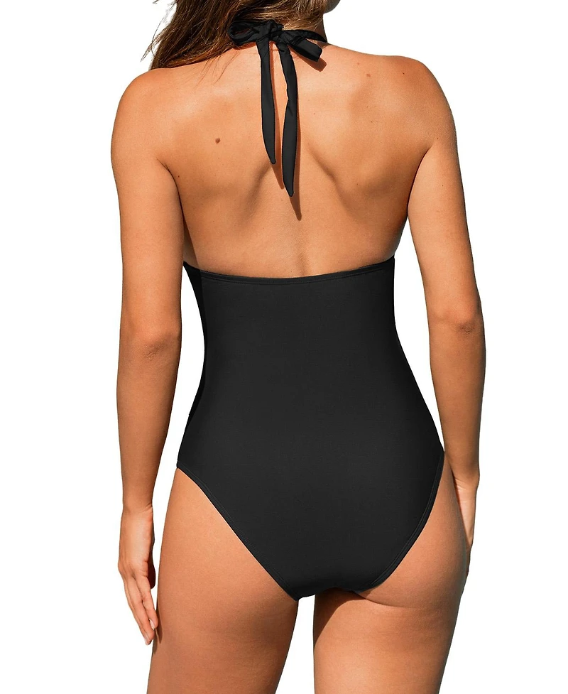 Cupshe Women's Ribbed V-Neck Metal Trim One-Piece Swimsuit