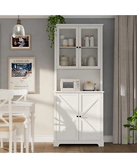 gaomon 72 Inch Tall Kitchen Hutch Cabinet with Glass Doors, 41 Inch Wide Freestanding Storage Cabinet with Charging Station and Led Lights