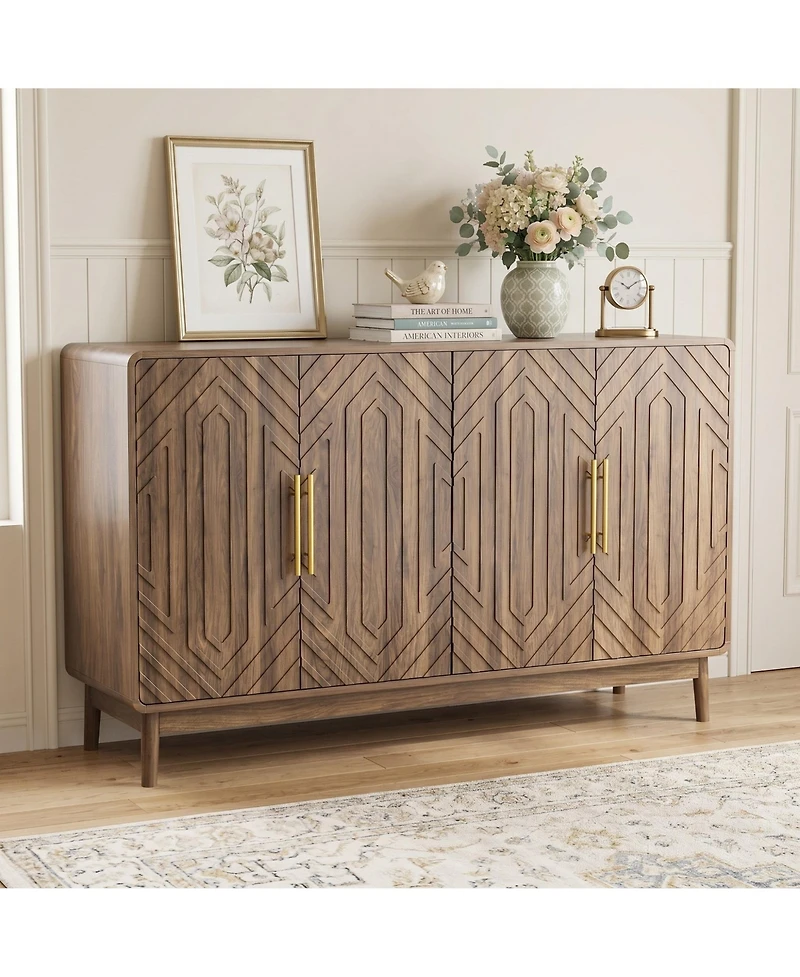 Sailvan Sideboard Buffet Cabinet, Carved 4-Door Accent Cabinet with Adjustable Shelf