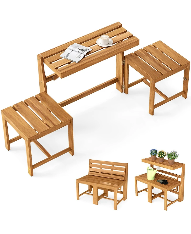 Sugift 3-in-1 Outdoor Acacia Wood Loveseat Bench Furniture with Slatted Seat