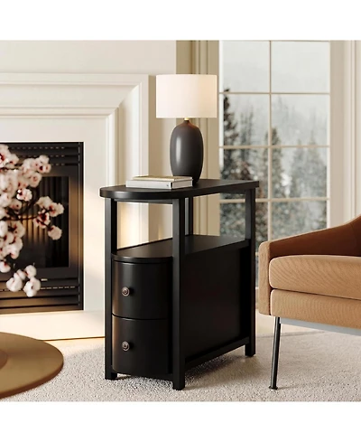 Tribesigns Solid Wood End Table with 2 Drawers and Open Shelf:No assembly required.Black side table for living room couch,slim nightstand for bedroom