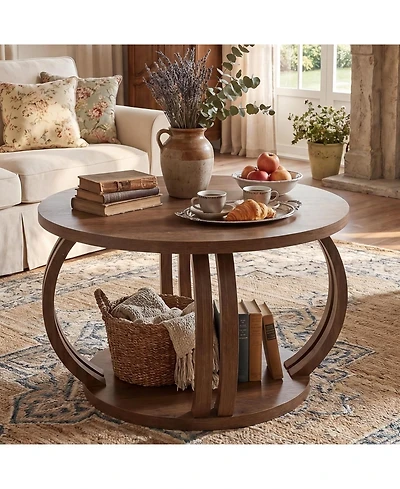 Tribesigns Round Coffee Table: 31.5" modern rustic center table with 2-tier shelf. Wooden table with curved base for living room and small spaces