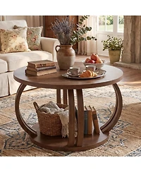 Tribesigns Round Coffee Table: 31.5" modern rustic center table with 2-tier shelf. Wooden table with curved base for living room and small spaces