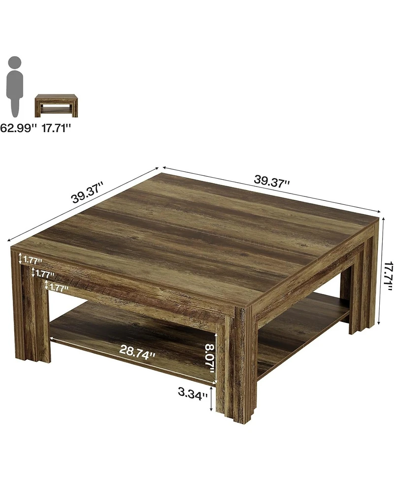Tribesigns Square Coffee Table: 39" rustic farmhouse table with storage shelf and carved legs. For living room, apartment, small space.