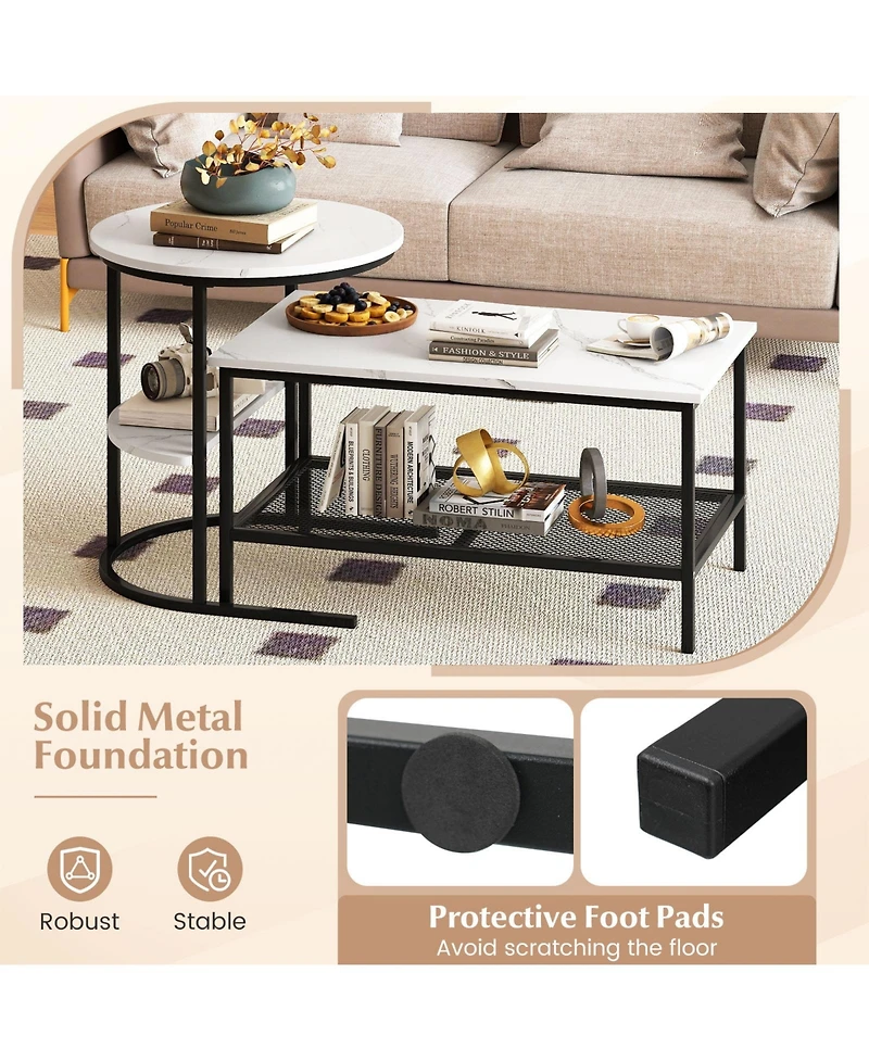 Sugift 2-Tier Coffee Table and Side End Table Set with Faux Marble Tops and Storage Shelves