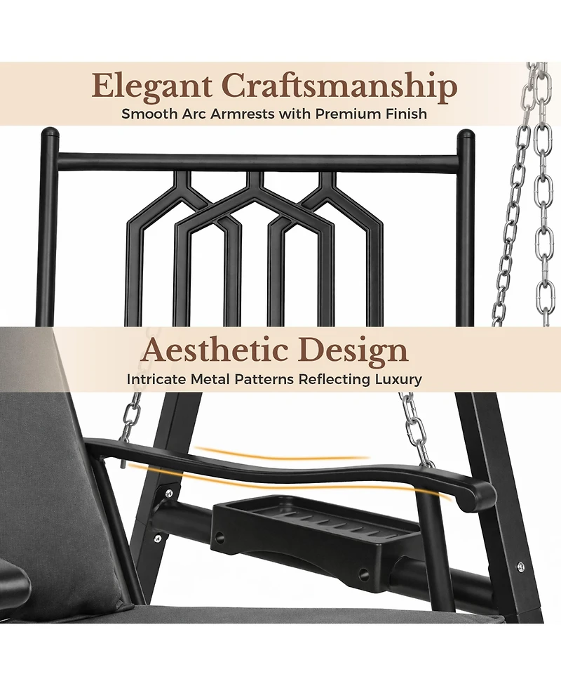 Pamapic 1 Person Porch Swing With Heavy-duty Metal Frame, Dual Side Trays And Adjustable Chains