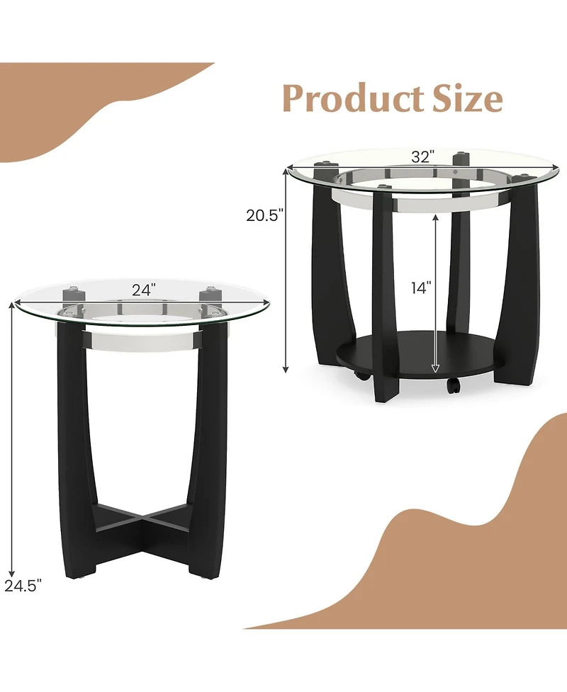 Costway Tempered Glass Coffee Table Set of 3, 2-Tier Coffee Table and 2 Round End Tables