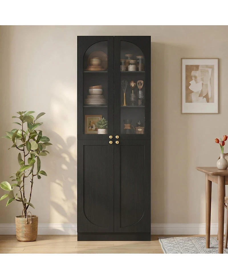 Aheaplus 80" Tall Kitchen Pantry Arch Storage Cabinet with Tempered Glass Doors