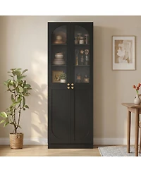 Aheaplus 80" Tall Kitchen Pantry Arch Storage Cabinet with Tempered Glass Doors