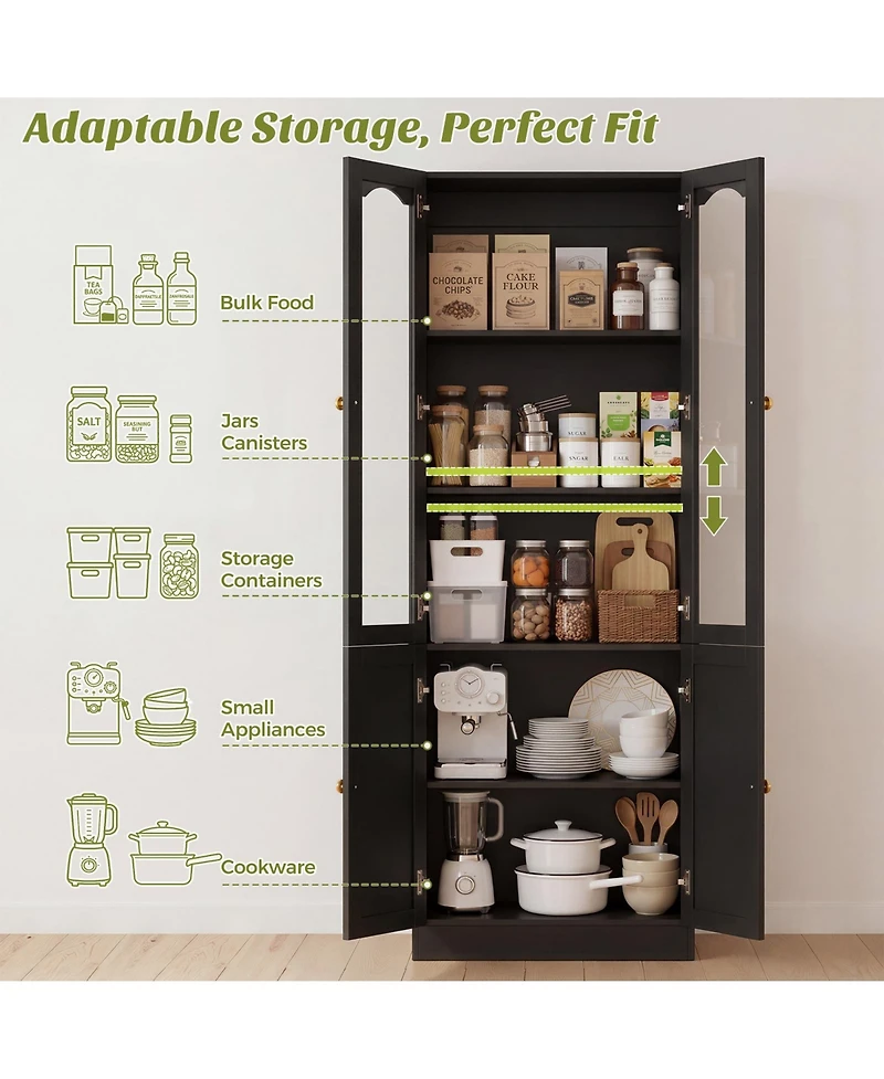 Aheaplus 80" Pantry Cabinet with Glass Door and Shelves, Kitchen Storage Cabinet