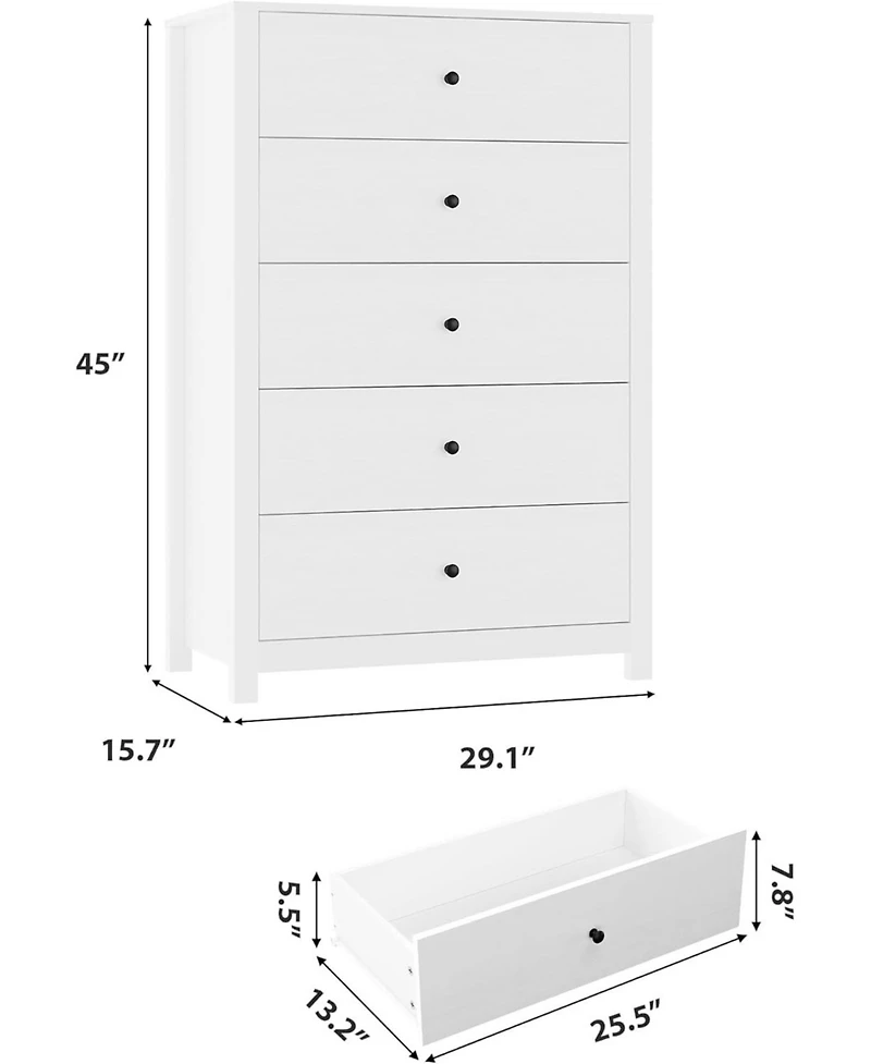 gaomon Modern 5 Drawer Wooden Dresser Chest, Tall Cabinet with Deep Storage Drawers, Metal Knobs, Versatile for Bedroom