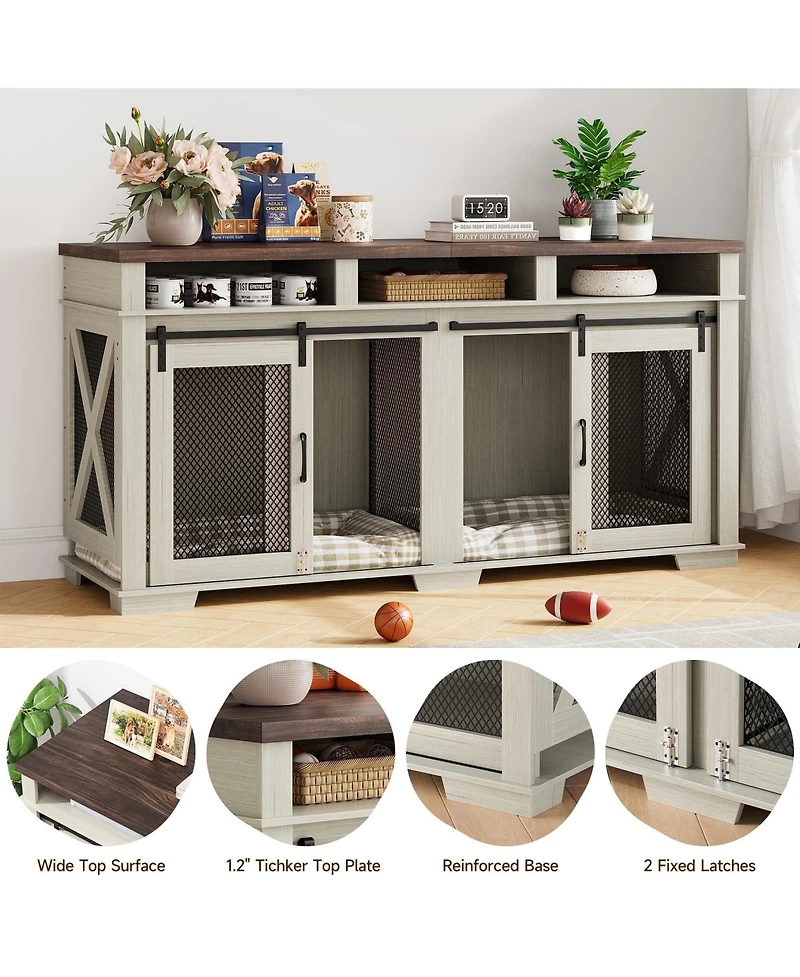 gaomon 71'' Heavy Duty Double Dog Crate Coffee Table - Pet Kennel with 3 Storage Drawers, Removable Divider, Sliding Barn Door