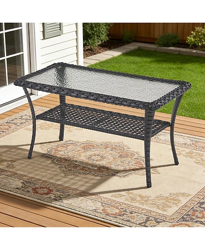 Pocassy Outdoor Coffee Table with Storage Wicker Patio Table, Tempered Glass Top for Outside Balcony Porch Deck