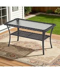 Pocassy Outdoor Coffee Table with Storage Wicker Patio Table, Tempered Glass Top for Outside Balcony Porch Deck