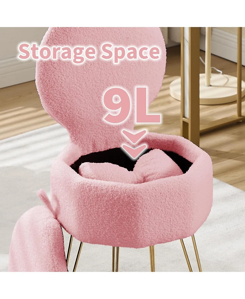 homfan Vanity Stool Chair with Pillow, Foldable Backrest, Sherpa Fleece Makeup Hidden Storage and Metal Legs, Modern Accent