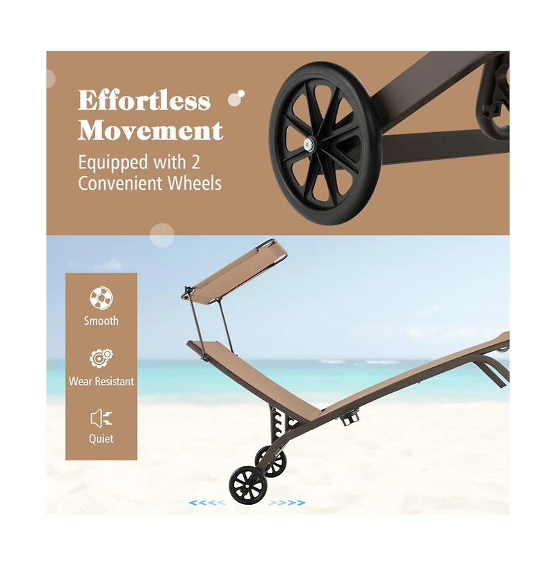 Boyel Living Patio Heavy-Duty Adjustable Chaise Lounge Chair with Canopy Cup holder and Wheels