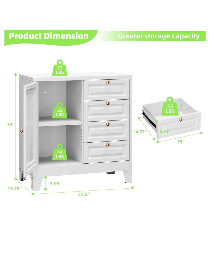 Boyel Living 33" Metal Bathroom Cabinet with 4 Drawers and Door, Floor Storage Organizer with Shelves for Toilet Paper
