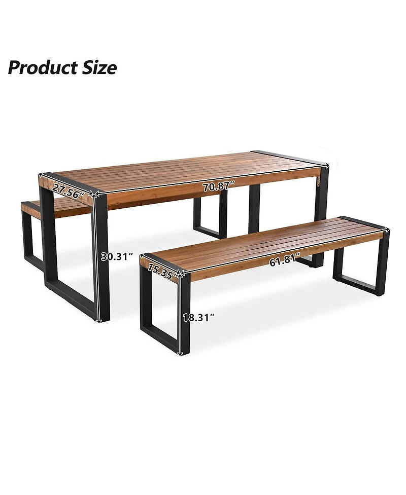 Asagikoiai 3-Piece Outdoor Acacia Wood Dining Set with Benches with Steel Frame