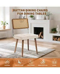 homfan Modern Boho Rattan Dining Chairs Set of 6, Curved Wood Back, Soft Upholstered Seat, Sturdy Rubberwood Legs, Ideal for Kitchen or Dining Room