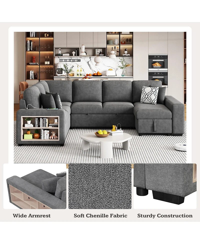 Clihome U-shaped Sectional Sofa Pull-out Sofa Bed with Usb Ports and Storage Chaise Lounge and Four Back Pillows for Living Room