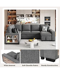 Clihome U-shaped Sectional Sofa Pull-out Sofa Bed with Usb Ports and Storage Chaise Lounge and Four Back Pillows for Living Room