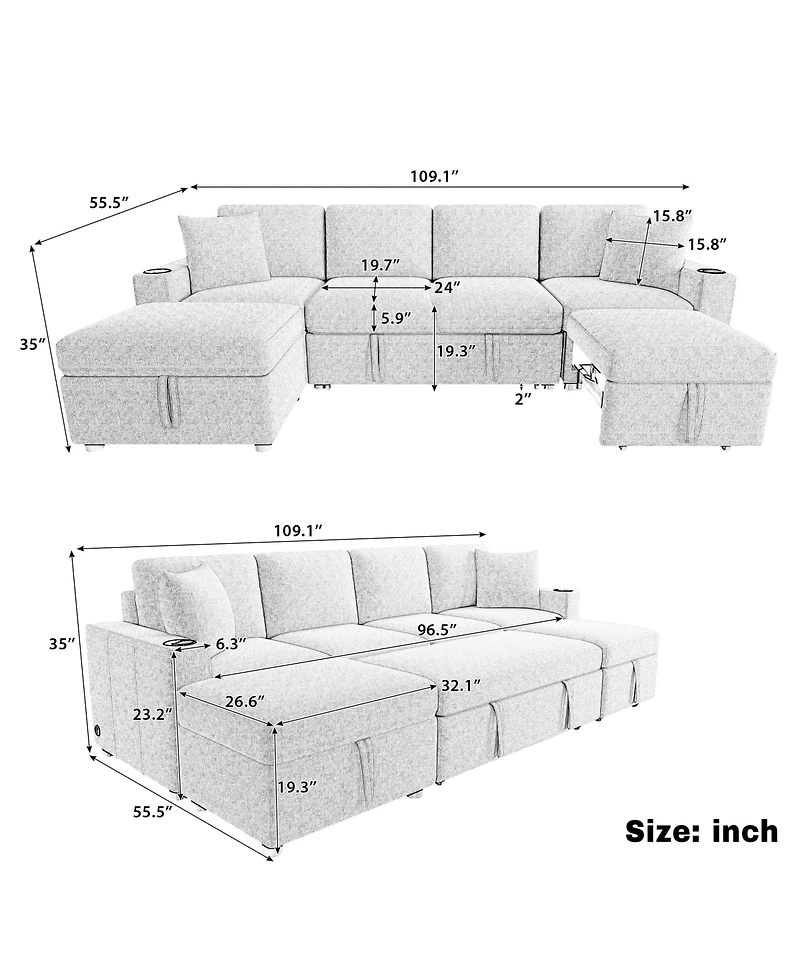 Clihome Sectional Sofa Bed L-shaped Sofa with Movable Storage Ottoman