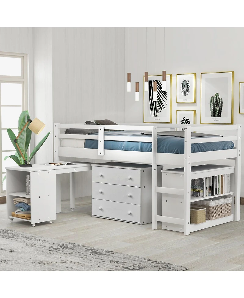 Streamdale Furniture Low Study Twin Loft Bed with Cabinet and Rolling Portable Desk