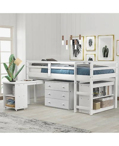 Streamdale Furniture Low Study Twin Loft Bed with Cabinet and Rolling Portable Desk