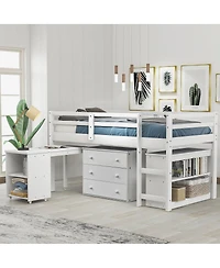 Streamdale Furniture Low Study Twin Loft Bed with Cabinet and Rolling Portable Desk